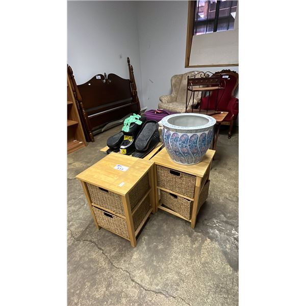 SMALL WALL SHELF, TV TRAY, LUGGAGE, PLANT STAND, ORBITREX MX, & 3 ASSORTED SIDE TABLES