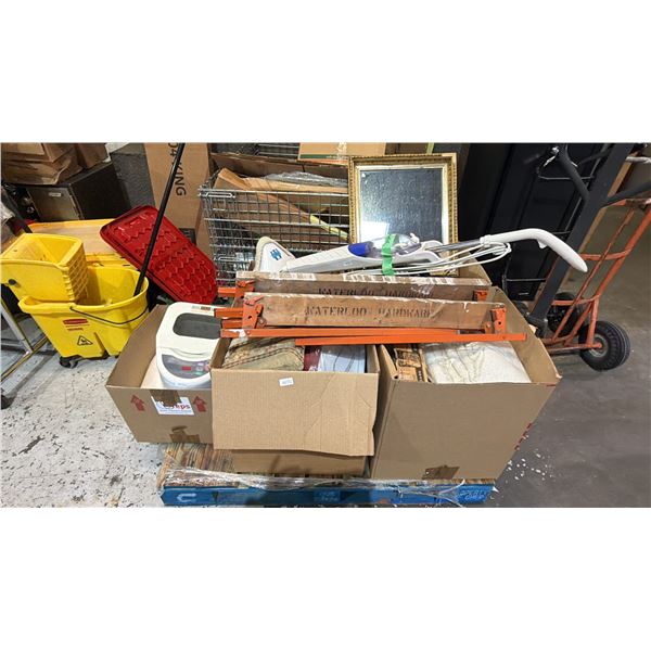 PALLET OF ASSORTED HOUSEHOLD ITEM: STEAM MOP, BREAD MAKER, CANNING JARS, CLOW COOKER & MORE