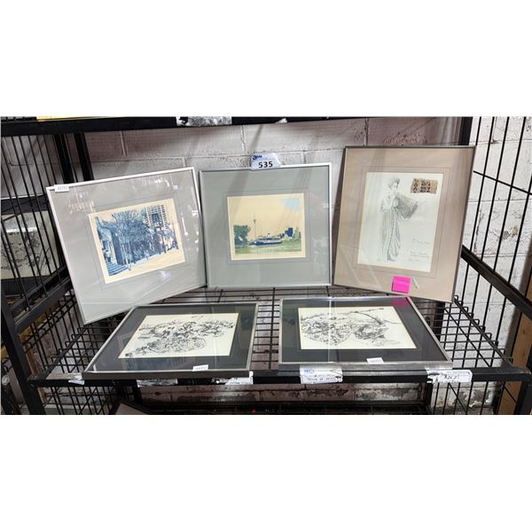 (2) FRAMED PRINTS, (2) FRAMED INK DRAWINGS & A FRAMED STRATFORD FESTIVAL THEATRE COSTUME DESIGN