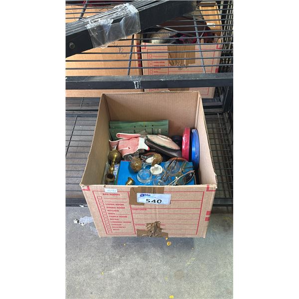 BOX OF ASSORTED HOUSEHOLD GOODS: CANDLESTICKS, GARDENING GLOVES, SUNGLASSES, NANO MASKS & MORE