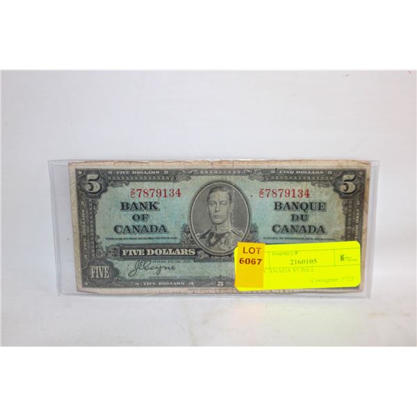 1937 CANADA $5 BILL
