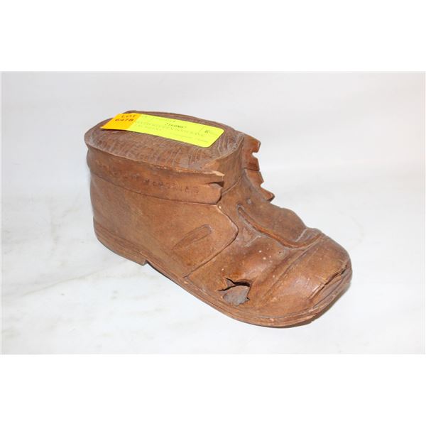 CARVED WOODEN BOOT BANK, METAL SILENT