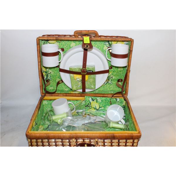 PICNIC BASKET WITH CUPS, PLATES ETC.