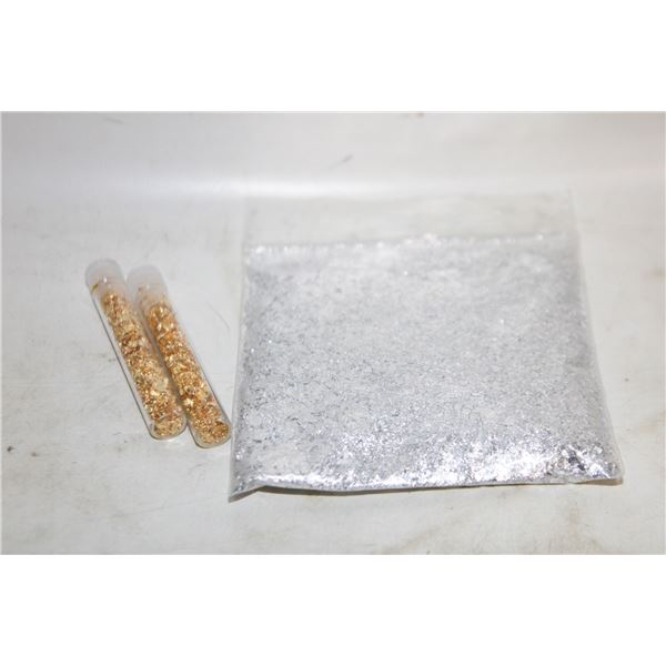 2 VIALS GOLD FLAKE, 1 BAG SILVER FLAKE