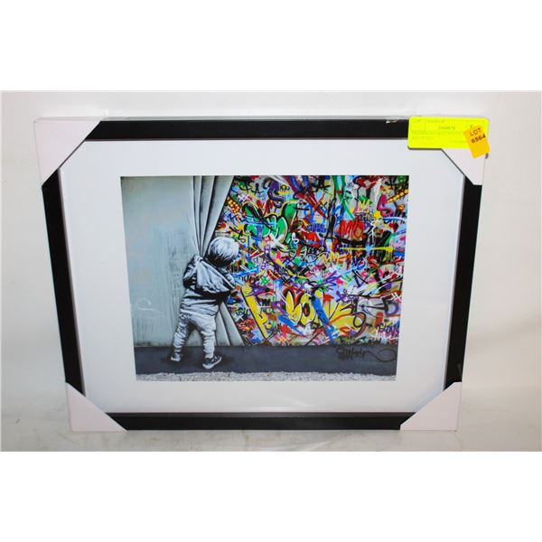 FRAMED BANKSY PHOTO 'LITTLE BOY PULLS