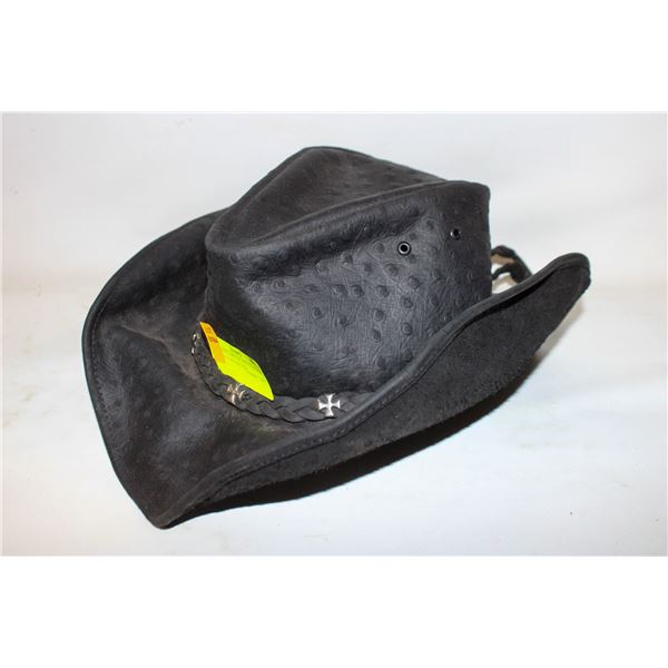 VINTAGE LARGE BLACK LEATHER COWBOY HAT-ESTATE