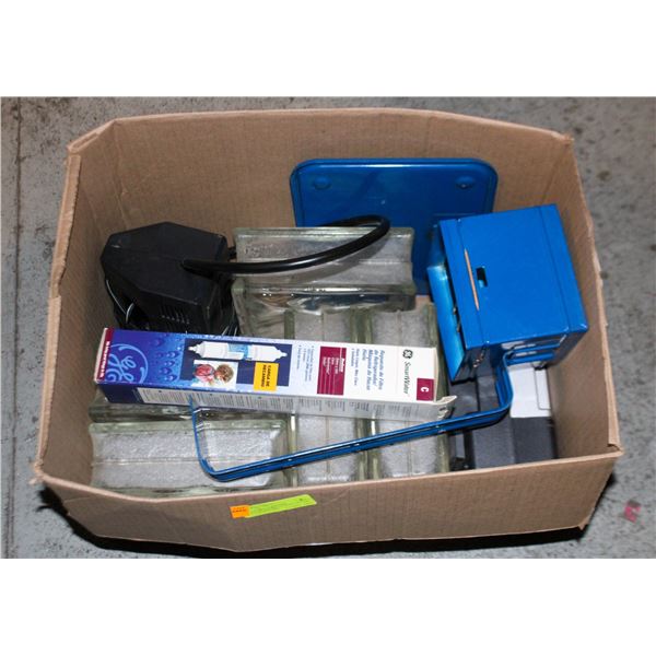 LOT OF 5 GLASS BLOCKS, 12V AIR COMPRESSORS,