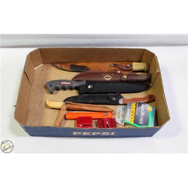 FLAT OF SHEATHED KNIVES ASSORTED + FISHING LINE