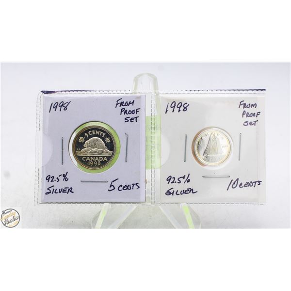1998 FIVE+TEN CENT 92.5% SILVER FROM PROOF SET
