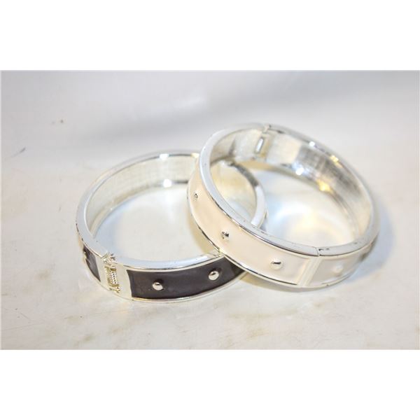 CREAM+BLACK ENAMEL + SILVER TONED HINGE BRACELETS