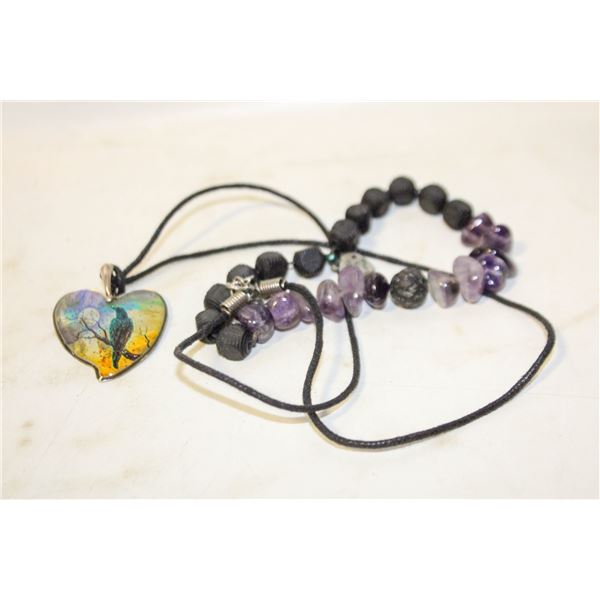 AMETHYST AND LAVA STONE BRACELET; HEART SHAPED