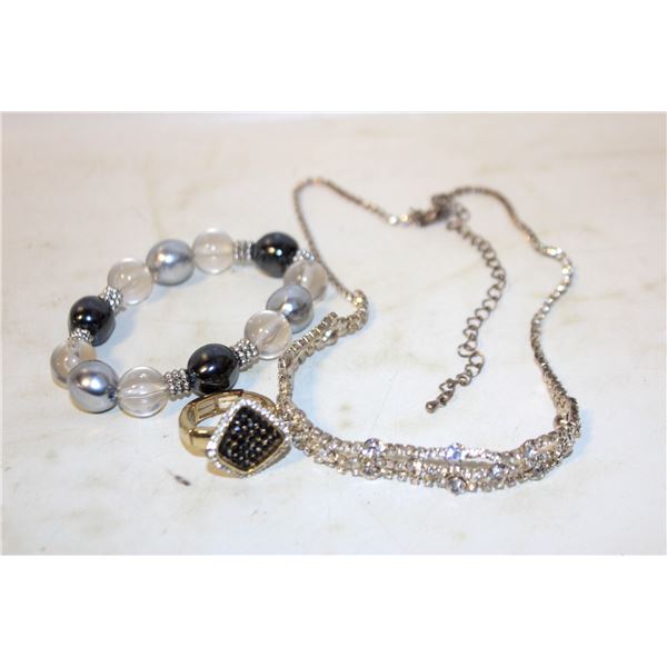 RHINESTONE CHOKER NECKLACE; BEADED BRACELET AND