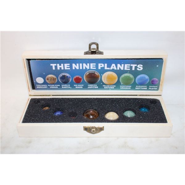 NINE PLANETS POLISHED GEMSTONES IN WOODEN CASE