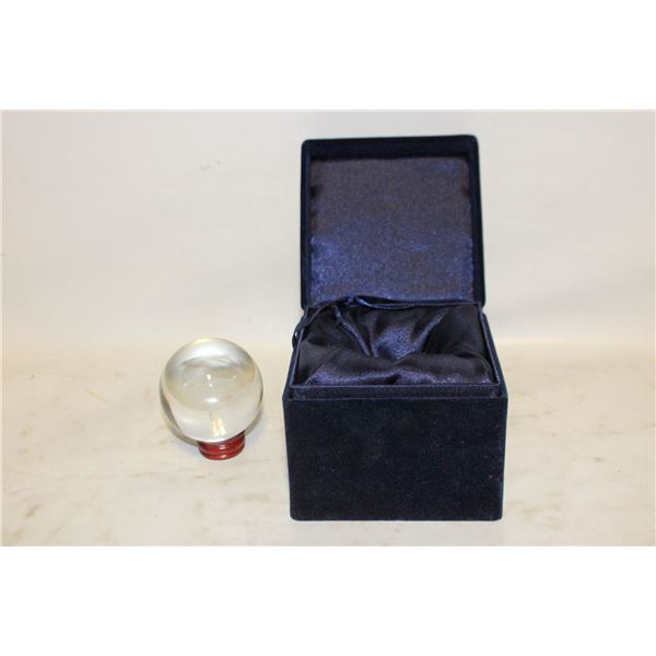 CRYSTAL BALL ON STAND WITH ETCHED WOLF