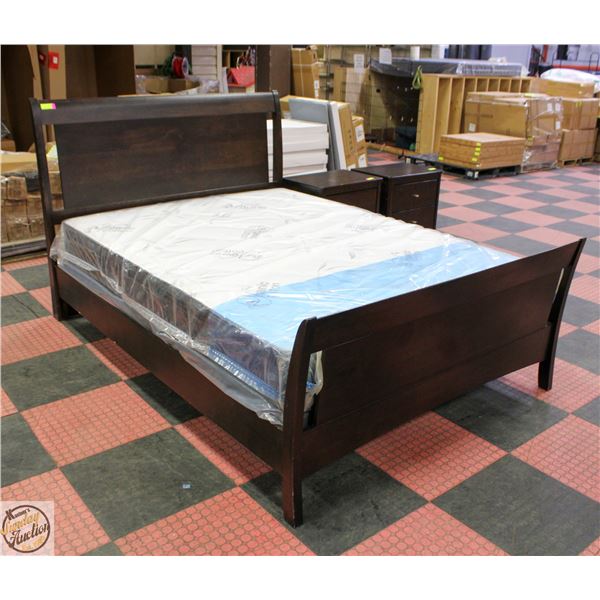 SOLID DARK WOOD QUEEN BED FRAME WITH WOOD