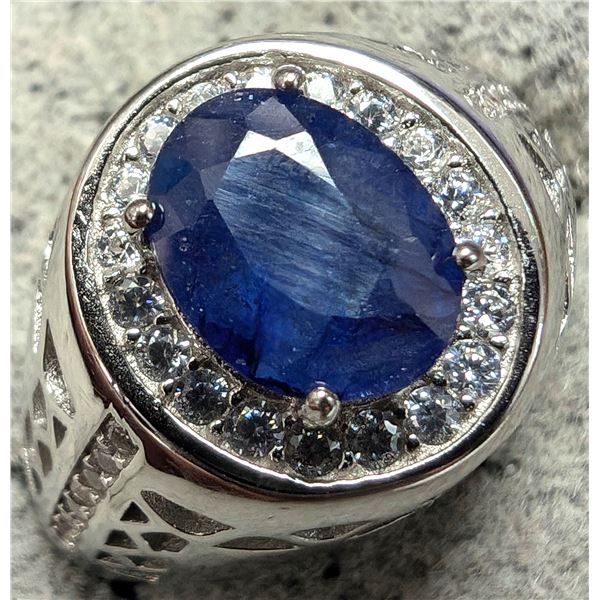 SILVER (5.93G) SAPPHIRE (3CT) RING SZ 9.5