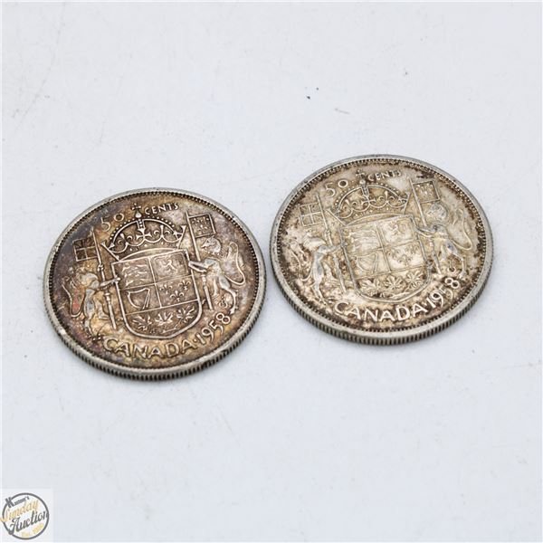 1958 X 2 SILVER CANADIAN 50 CENT PIECES