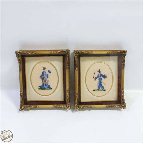 PAIR OF HAND STITCHED & FRAMED ORIENTAL ARTWORK