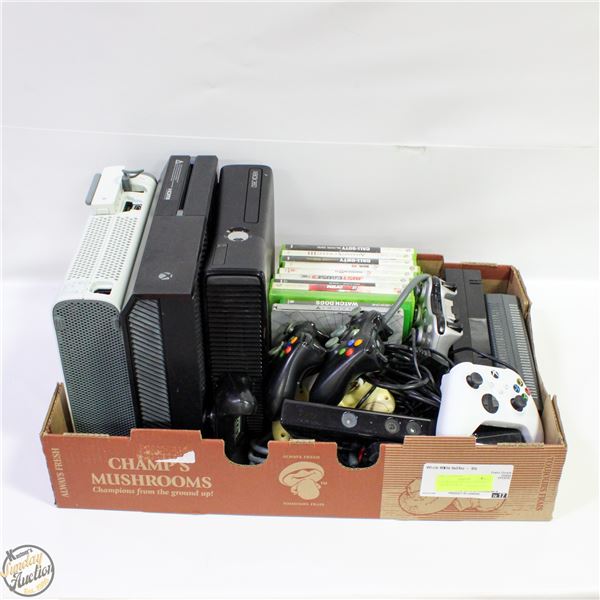 LOT OF XBOX 360, ONE CONSOLES, CONTROLLERS &