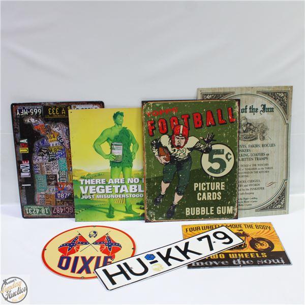 6 METAL AND 1 PORCELAIN (DIXIE) NOVELTY SIGNS