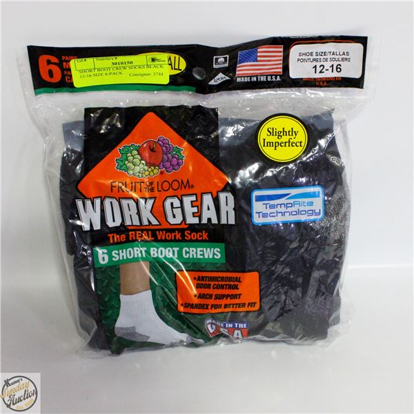 SHORT BOOT CREW SOCKS BLACK 12-16 SIZE 6-PACK