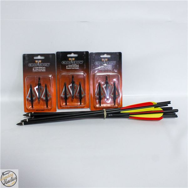 6 CROSSBOW ARROWS & 9 NEW 3 BLADE HUNTING TIPS