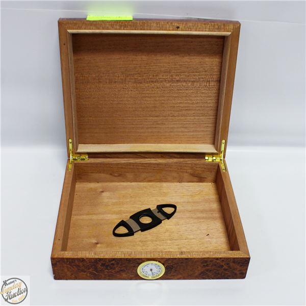BURLED CIGAR HUMIDOR BOX & CIGAR CUTTER