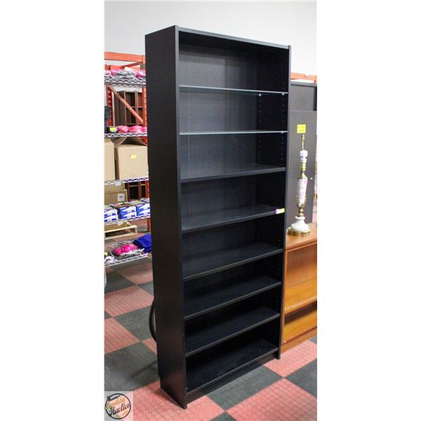 BLACK BOOKCASE WITH 9 SHELVES 2 ARE