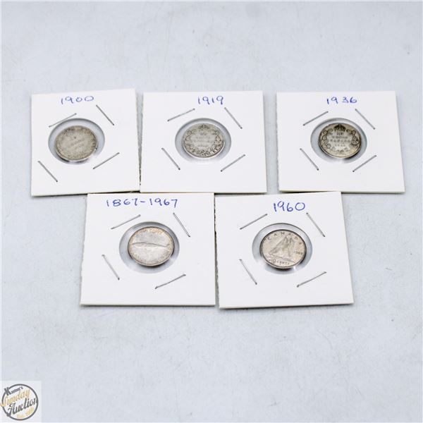 CANADIAN DIMES LOT OF 5: 1900,  1919, 1936, 1960,