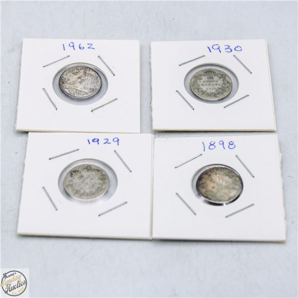 CANADIAN DIMES LOT OF 4: 1898, 1929, 1930, 1962