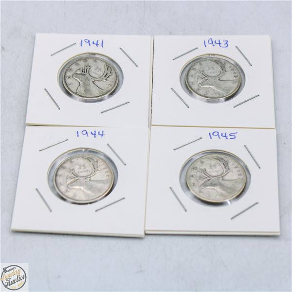 FOUR CANADIAN QUARTERS 1941, 1943, 1944, 1945