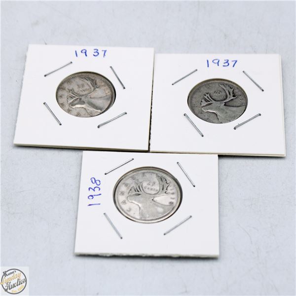 THREE CANADIAN QUARTERS 1937, 1937, 1938