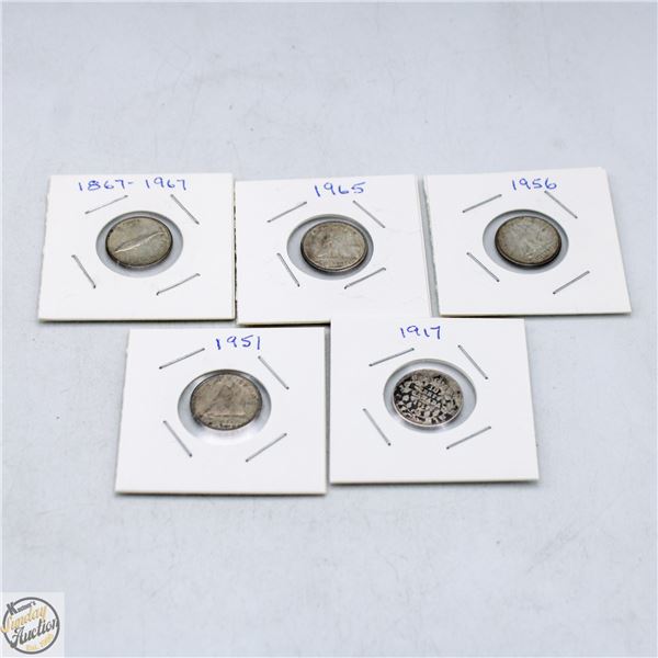 CANADIAN DIMES LOT OF 5: 1917, 1951, 1956, 1965,