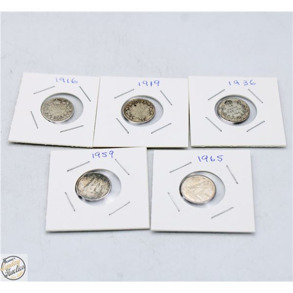 CANADIAN DIMES LOT OF 5: 1916, 1919, 1936, 1959,