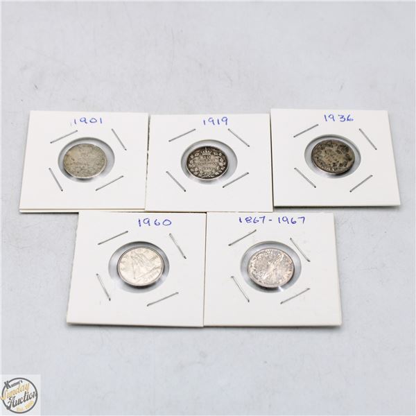 CANADIAN DIMES LOT OF 5: 1901, 1919, 1936, 1960,