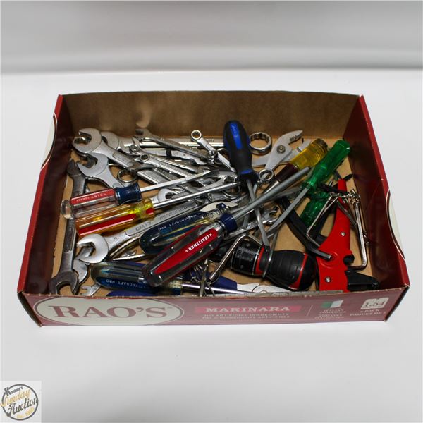 FLAT OF ASSORTED WRENCHES, HANDTOOLS,