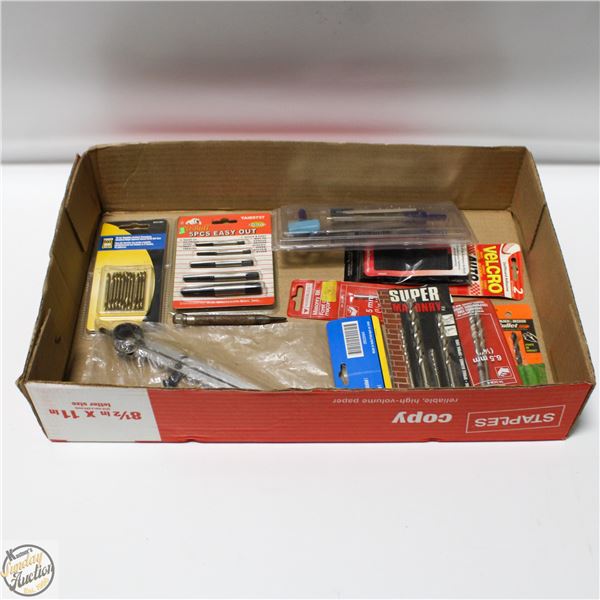BOX W/ NEW DRILL BITS, DRAFTING SET & MORE