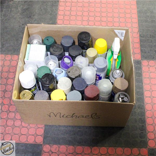 BOX LOT OF ASSORTED SPRAY PAINTS - SPRAYERS TESTED