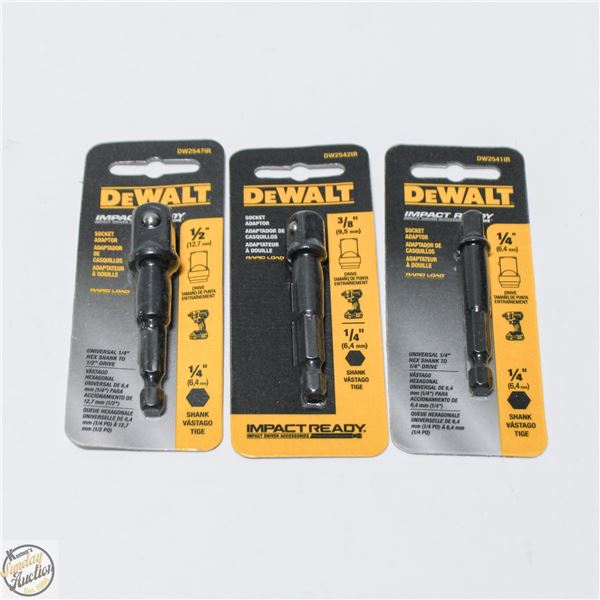 3 PACKS OF DEWALT IMPACT SOCKET ADAPTOR SIZES 1/4,
