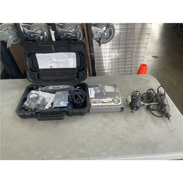3 DREMEL TOOLS AND ASSORTED DREMEL BITS, ONE IS CASED 4300 MODEL
