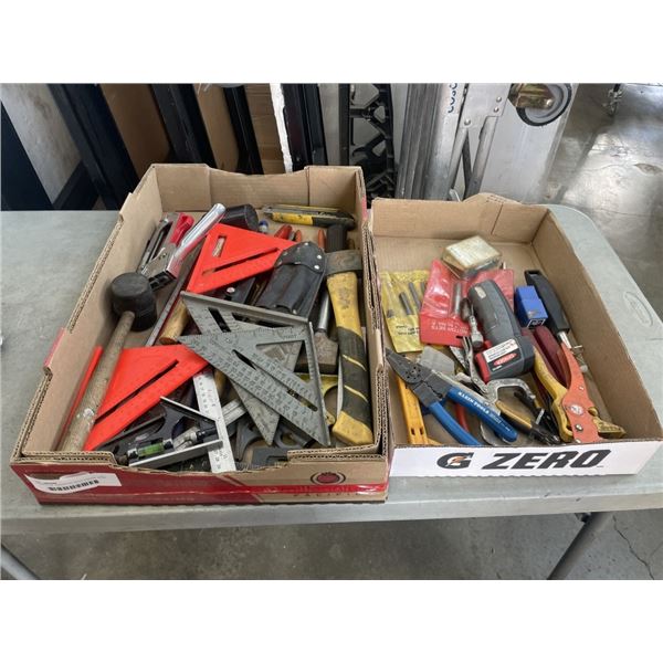 2 TRAYS OF ASSORTED SHOP TOOLS, HAND TOOLS AND SQUARES, ETC
