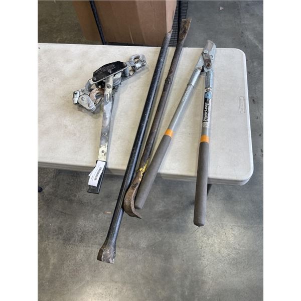 COMEALONG, STEEL BAR, LARGE PRYBAR AND FISKARS PRUNERS