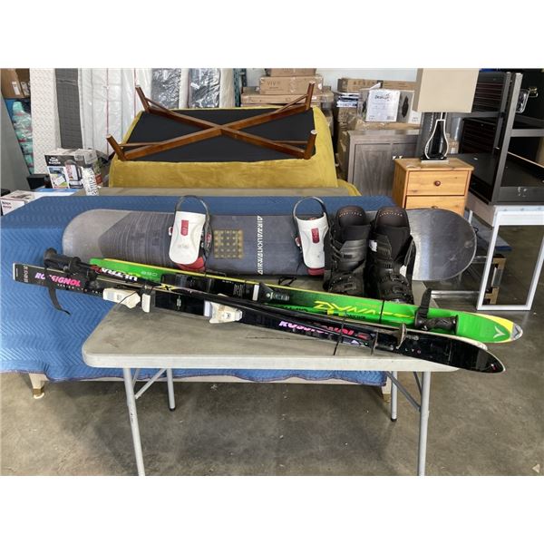2 PAIRS OF VINTAGE SKIS /W POLES, SNOWBOARD, AND SKI BOOTS