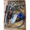 Image 2 : TRAY OF ASSORTED AUTOMOTIVE ITEMS INCLUDING CHEVY CAPS, AND GM MAINTENANCE BOOKS