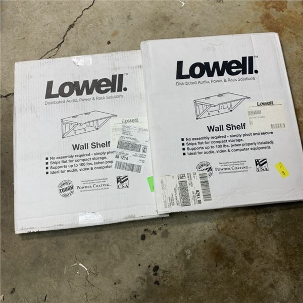 2 NEW LOWELL WALL SHELVES 18X20 HOLDS UP TO 100 LB  RETAIL $210