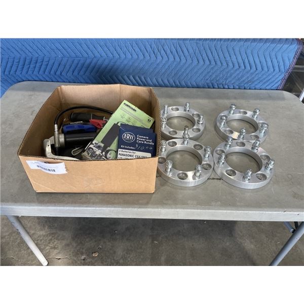 4 TIRE SPACERS AND BOX OF HAND TOOLS, PUMP, ETC