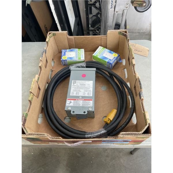 ENCLOSED SWITCH BOX, HEAVY DUTY EXTENSION CORD AND 2 GFCI PLUGS