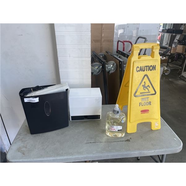 WET FLOOR SIGN, PAPER TOWEL DISPENSER, SOAP REFILL, AND PAPER SHREDDER