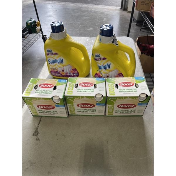 2 JUGS OF SUNLIGHT LAUNDRY SOAP AND PARTIAL CASE OF BOOST PROTEIN, EXP 2026