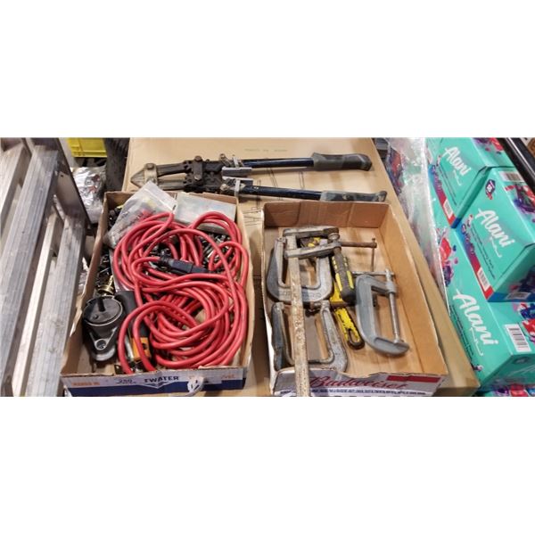 2 TRAYS OF SHOP SUPPLY, HARDWARE AND EXTENSION CORD , BOLT CUTTERS